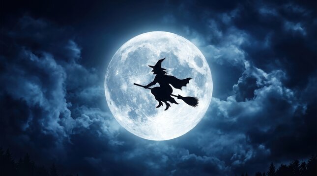 Silhouette of a witch flying on a broomstick against a full moon