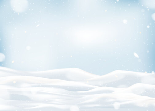 Snow winter background with white snowy hills, soft falling snow on 3d snow ground,light blue sky, Vector Christmas holiday landscape with space for New Year banner, Xmas greeting card seasonal design