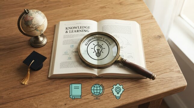 Open book with text knowledge and learning featuring magnifying glass inspecting bulb icon concept education study on wooden desk