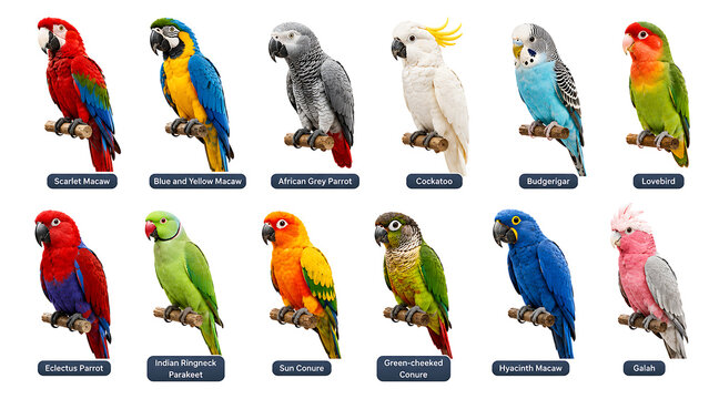 Collection of various colorful tropical parrots and macaws standing isolated on a white background
