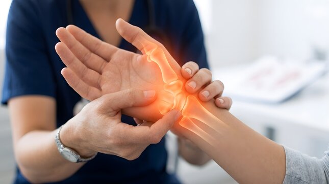 A physical therapist examining a patient with wrist pain and inflammation highlighted with a glowing orange digital overlay