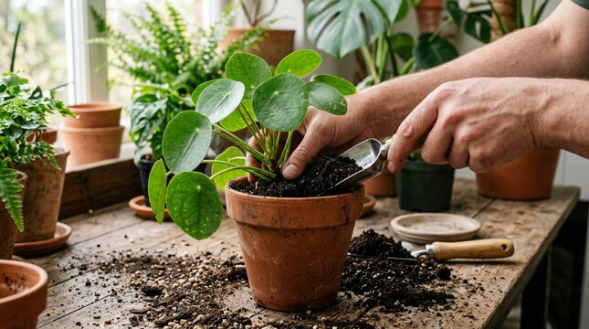 Gardener repotting chinese money plant in terracotta pot, home botany, indoor green plants