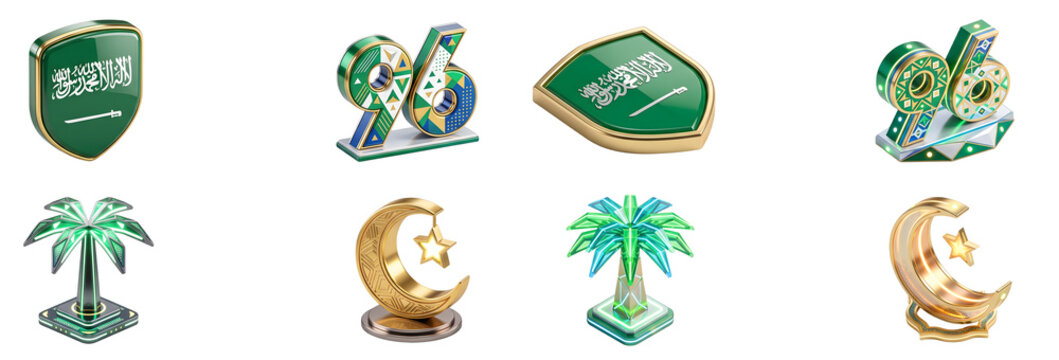3D Saudi Arabia National Day 96 glass and gold emblem set isolated on white background, KSA anniversary glossy icons collection with green shield national flag palm tree and crescent moon
