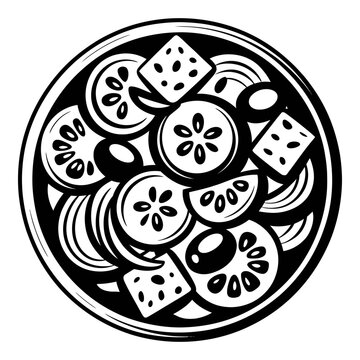 Circular arrangement of sliced fruit and dice black silhouette