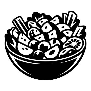 Black and white salad bowl with assorted vegetables silhouette