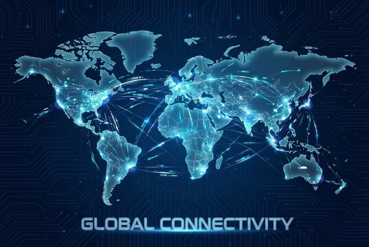 Glowing digital world map with global connectivity network lines