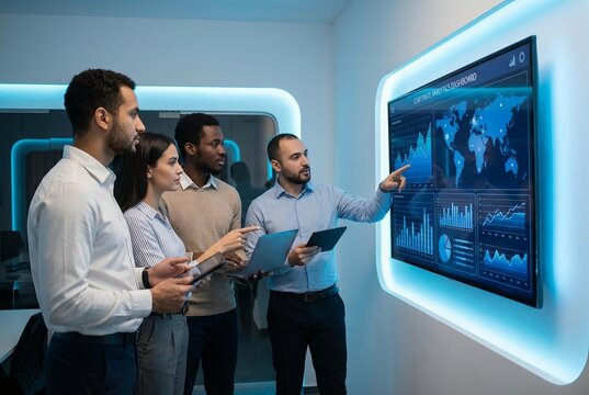 Corporate team reviewing analytics dashboard on wall screen in modern office