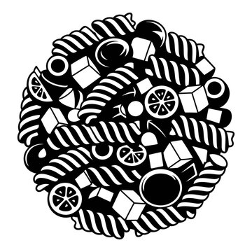 Assorted food items arranged in a circular black silhouette
