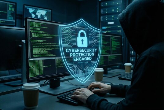 Hacker wearing hoodie sitting at desk with cybersecurity protection shield on screen