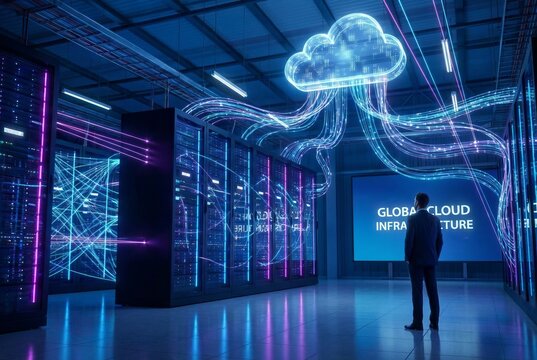 Businessman looking at server room with cloud computing infrastructure lights