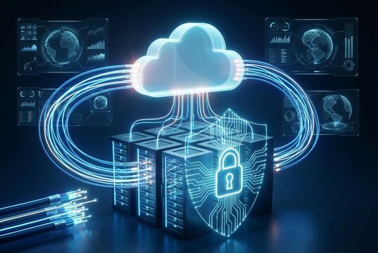 Cloud computing icon connected to secure server racks with lock shield overlay