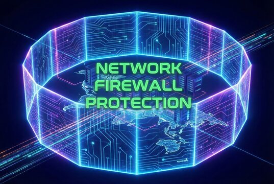 Glowing network firewall protection ring surrounding global map and servers