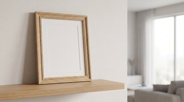 Empty wooden picture frame mockup on a shelf in a modern minimalist home interior