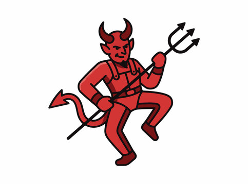 Red devil character running with a pitchfork vector illustration