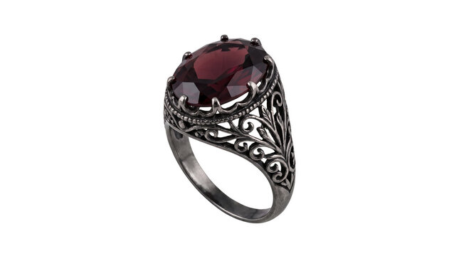 Gothic style ruby ring isolated on transparent background