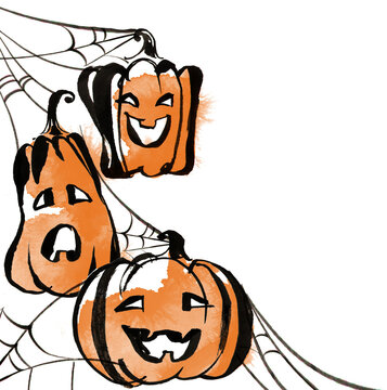 Cute Halloween pumpkin characters with spider web for seasonal design 