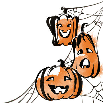 Cute Halloween pumpkin characters with spider web for seasonal design 