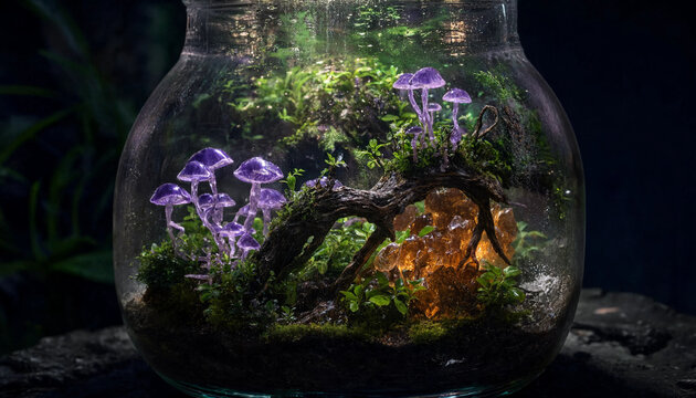 Bioluminescent terrarium glass jar filled with glowing purple neon mushrooms moss and fantasy forest flora close up macro clr colour photo