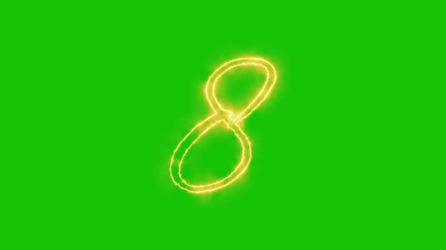 Glowing yellow gold Number 8 Animation | Neon Alphabet Typography Motion Graphic. neon text 8 number countdown icon alpha channel