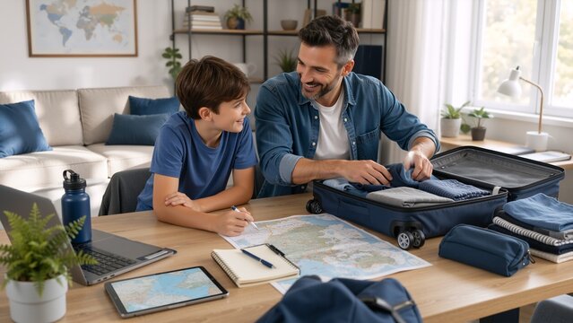 A smiling father in a blue shirt leans over an open suitcase filled with folded clothes and a travel map while his son in a blue t-shirt points and writes excitedly on a large world map