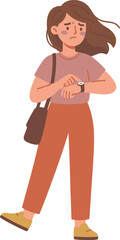 Fototapeta premium Worried Woman Checking Watch Time Anxiously Illustration