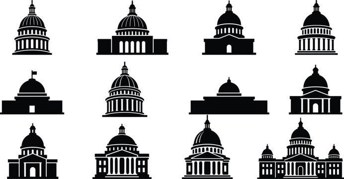 US Capitol building silhouette collection featuring domed government buildings, classical architecture, columns, entrances, and patriotic landmark designs