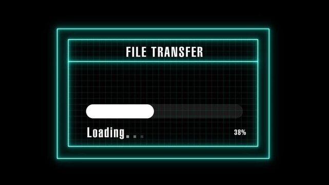 Loading screen animation displays active file transfer progress. Digital network file buffering updates on this loading screen. System data migration status tracks across the loading screen.
