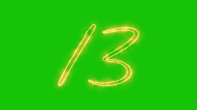 Glowing yellow gold Number 13 Animation | Neon Alphabet Typography Motion Graphic. neon text 13 number countdown icon alpha channel