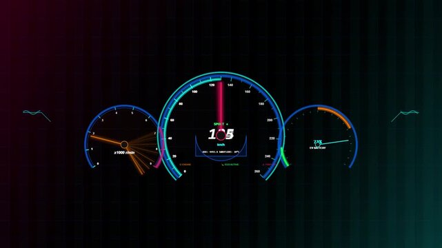 Digital car dashboard hud interface with speedometer and rpm gauge motion for automotive technology and racing simulation