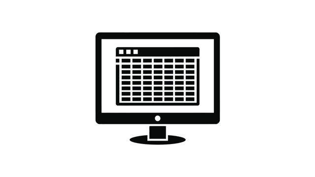 Monitor computer screen displaying black data spreadsheet grid icon as flat clean vector graphic symbol design