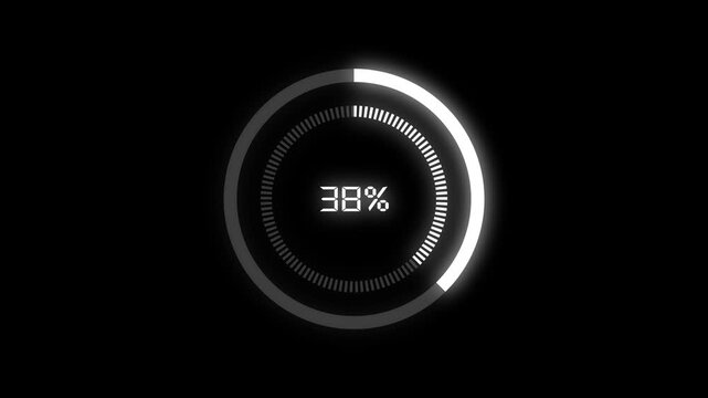 Progress indicator animation displays thirty six percent on dark. System software buffering telemetry updates progress indicator. Digital user interface waiting runs on the indicator.
