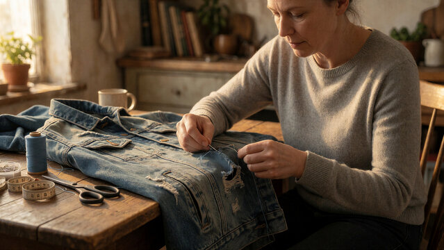 Eine Frau repariert eine besch&auml;digte Jeansjacke anstatt sie wegzuwerfen. Das Motiv verbindet Reparatur, Nachhaltigkeit und bewussten Konsum.