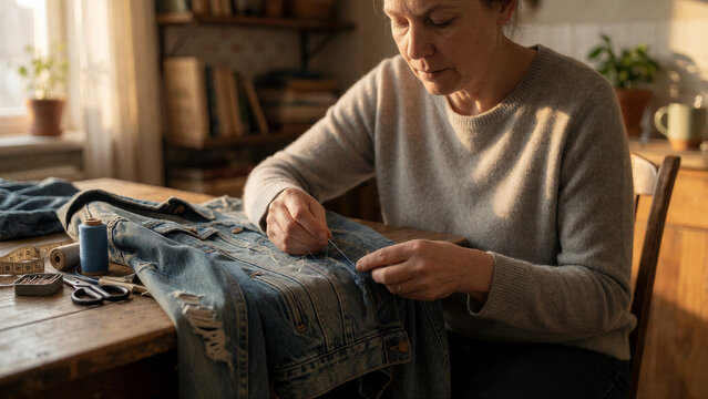 Eine Frau repariert eine besch&auml;digte Jeansjacke anstatt sie wegzuwerfen. Das Motiv verbindet Reparatur, Nachhaltigkeit und bewussten Konsum.