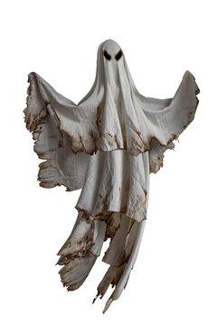 Floating scary white fabric ghosts for Halloween parties to celebrate the night holiday. Creepy ghost character. Can be used in screen mode for a transparent effect.
