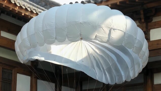 An impressive high quality 4K stock video showcasing a huge parachute suspended from the ceiling in a pavilion gently swaying in the wind displaying waves of white thin fabric with light beautifully
