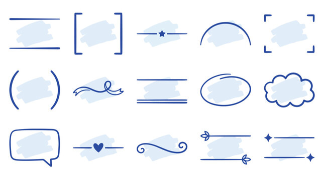 Hand drawn text frames and highlight borders, set of 15 blue doodle callout elements, decorative sketch line dividers for bullet journals