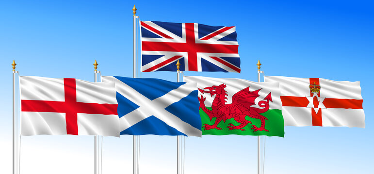 United Kingdom national waving flag with the flags of the constituent nations, England, Scotland, Wales, and Northern Ireland, llustration