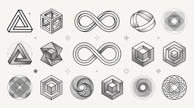 Collection of geometric abstract symbols and optical illusion icons featuring impossible shapes, infinity loops, cubes, triangles, and modern vector line art on a clean background.