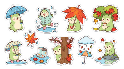 Fototapeta premium Cute Spring Rainy Day Woodland Creature and Momiji Umbrella Sticker Pack