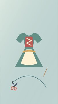 Robe traditionnelle de festival avec aiguille, fil et ciseaux en mouvement