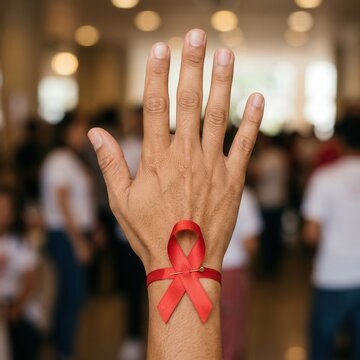 Red Ribbon Awareness Symbol On Wrist In Support Of Health Causes