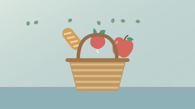 Panier de pique-nique tress&eacute; avec pain, fruits et &eacute;l&eacute;ments botaniques