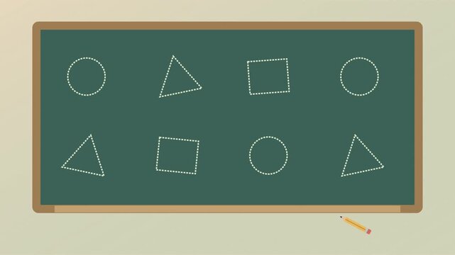 Tableau noir de classe avec formes g&eacute;om&eacute;triques dessin&eacute;es &agrave; la craie