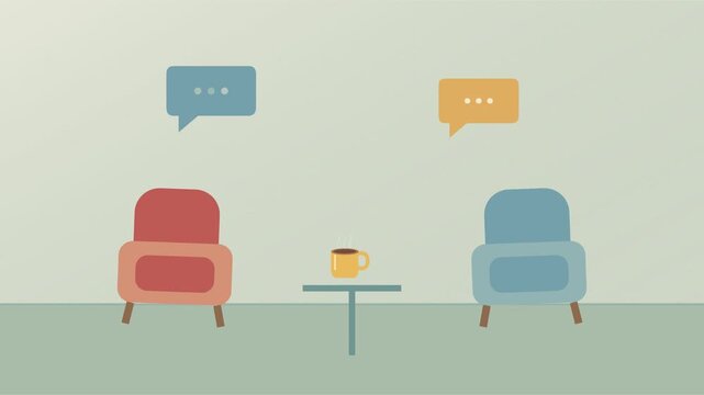 Deux fauteuils avec bulles de dialogue dans un espace chaleureux