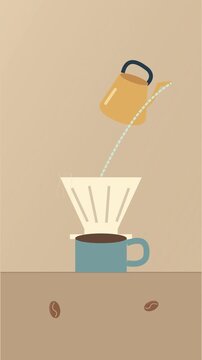 Caf&eacute; filtre pr&eacute;par&eacute; avec bouilloire, eau vers&eacute;e et vapeur montante