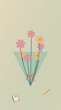 Bouquet anim&eacute; pour remercier un enseignant avec fleurs, crayon et carnet