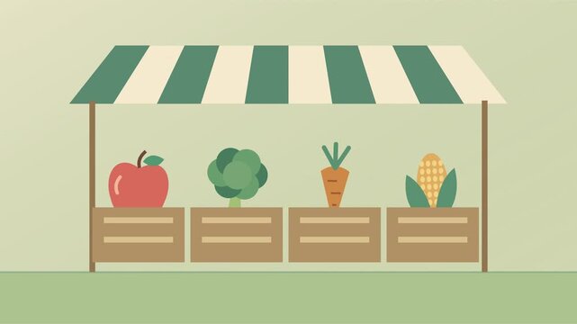 Stand de march&eacute; de producteurs avec fruits et l&eacute;gumes sous un auvent