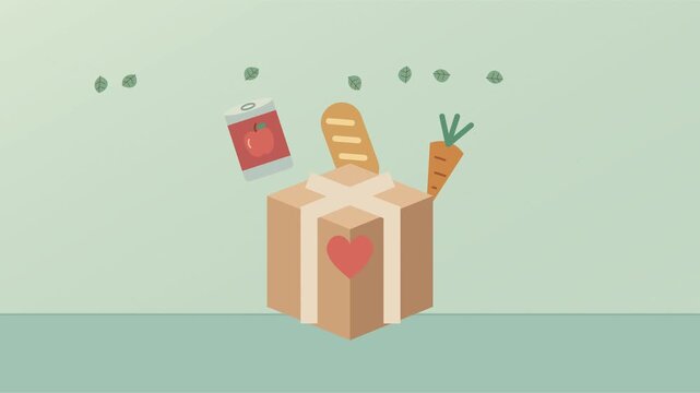 Bo&icirc;te de dons alimentaires se remplissant de pain, conserves et l&eacute;gumes frais
