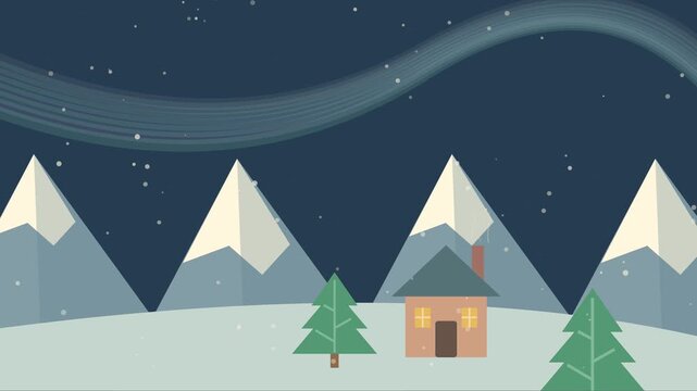 Cabane enneig&eacute;e en montagne sous des aurores bor&eacute;ales et des flocons