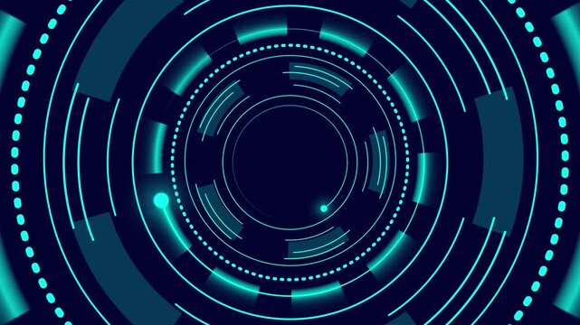 Technology interface animation rotates with circular HUD rings on dark. High tech radar telemetry coordinates guide the interface. Cyber surveillance control displays operate with the interface.